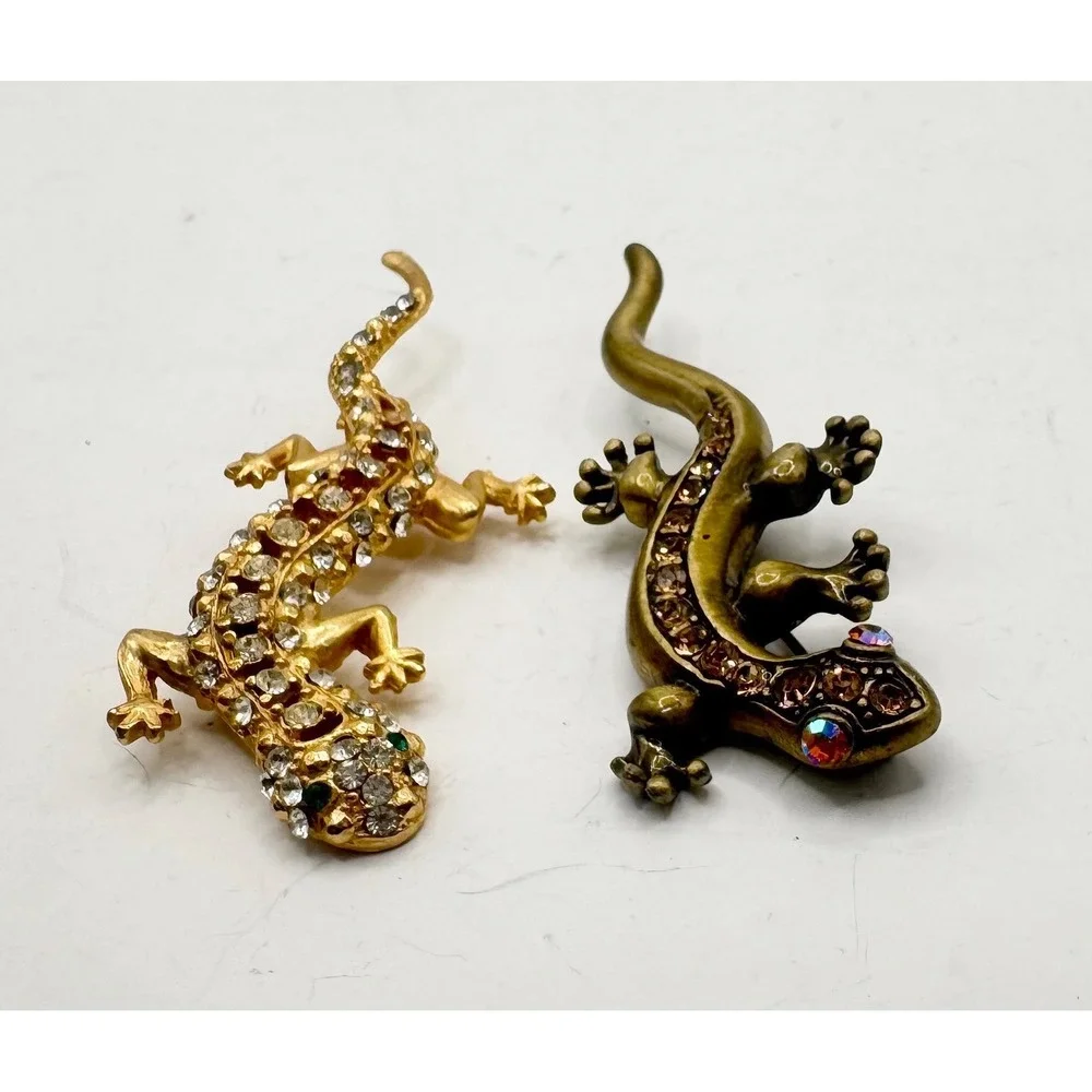 Lizard Gecko Brooch Pin Set Gold Tone Rhinestone Bronze Tone Aurora Borealis